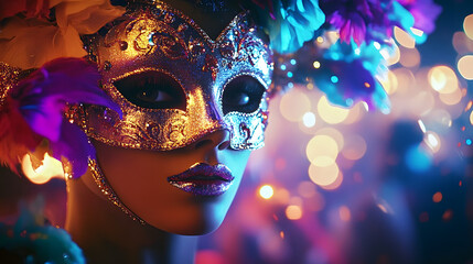 Wall Mural - a vibrant new year's 2025 masquerade ball with colorful masks and elegant decor