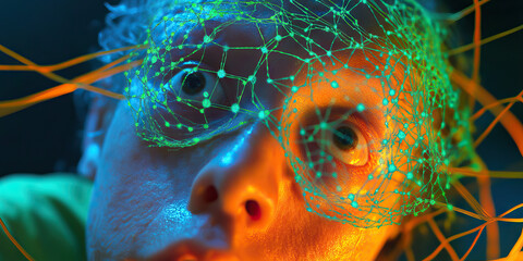 Poster - Human Face Partially Obscured by Illuminated Netting