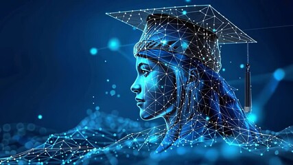 Poster - Graduation represents success in tech education through a digital graduate's display
