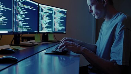 Fototapete - Coder working late at night on multiple screens in a dim workspace