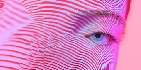 Poster - close-up of eye with pink and white striped pattern overlay
