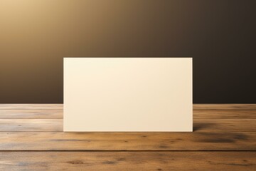 Poster - Empty white card standing on wooden desk against brown wall with gradient, perfect for displaying your message or design