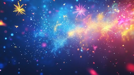 Poster - Colorful fireworks display against a dark blue sky with sparkling light particles and bokeh