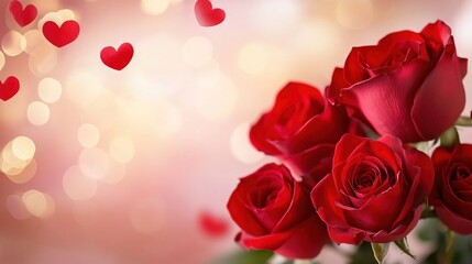 Poster - Red roses and floating hearts on a blurred light background romantic floral love celebration