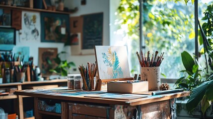 Poster - Bright art studio with painting supplies and natural light from window creating creative space