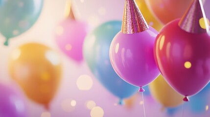 Poster - Festive balloons with party hats floating in a soft light creating a celebratory mood