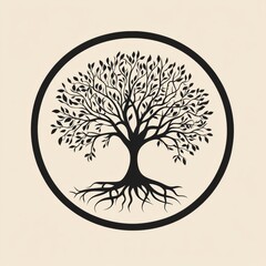 Aufkleber - Symbolic tree of life showcasing its intricate roots and branches in a circular design against a neutral background. Generative AI