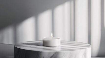 Aufkleber - Minimalist white candle on marble platform with soft light and shadow creating calm atmosphere