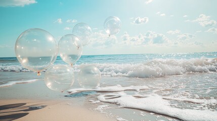 Poster - Clear balloons floating above a sandy beach with ocean waves under a bright sky