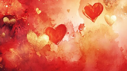 Poster - Abstract red and gold watercolor hearts on a textured backdrop for romantic themes and love
