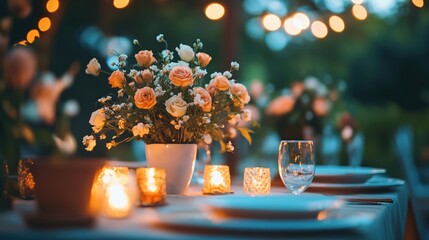 Aufkleber - Elegant table setting with floral centerpiece and candle light outdoor evening celebration