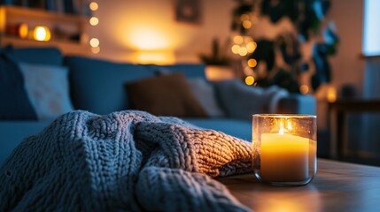 Aufkleber - Cozy evening scene with candle and blanket on table in a living room with soft lighting
