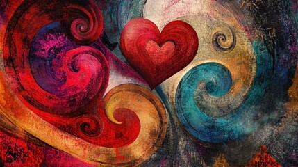 Aufkleber - Abstract heart art with swirling shapes in vibrant colors on textured canvas painting style