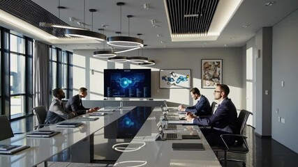 Fototapete - Business presentation in modern conference room with team engagement and digital displays