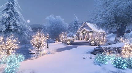 Aufkleber - Winter night scene with snow covered cabin and trees illuminated by festive lights