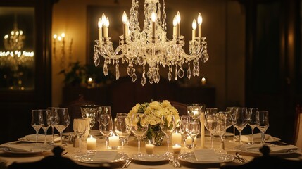 Aufkleber - Elegant table setting with crystal chandelier and candles for a special occasion dinner