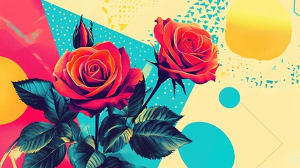 Poster - Two red roses with green leaves against a colorful geometric abstract background design
