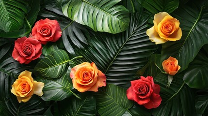 Poster - Tropical leaves and colorful roses create a vibrant floral arrangement for a lush background