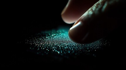 A finger gently touches a surface illuminated by a scattering of blue glowing particles in a dark environment