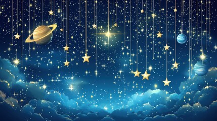 Poster - Celestial Night Sky with Planets Stars and Golden Strings in a Dreamy Illustration