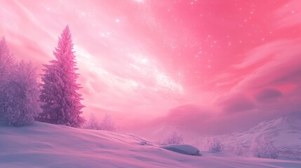 Pink winter landscape with snowy trees and starry sky creating a dreamy and serene scene