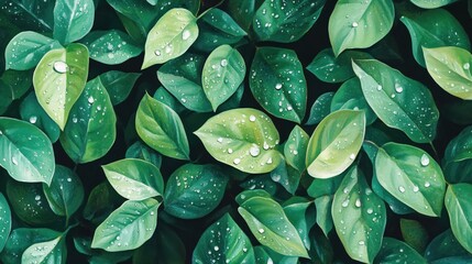 Poster - Lush green leaves with water drops create a fresh and natural seamless pattern design