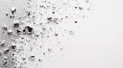 Poster - Silver glitter and metallic shapes scattered on a white surface creating a festive abstract design