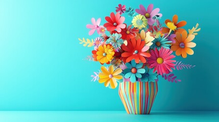 Aufkleber - Colorful paper flowers in striped vase against a solid cyan background studio shot