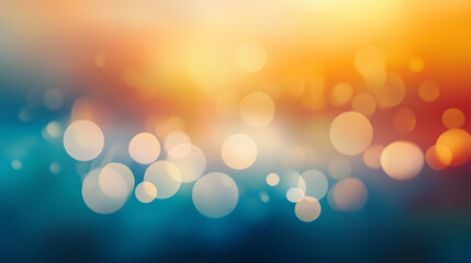 Poster - Vibrant abstract bokeh background with warm orange and cool blue gradient. Soft glowing circular light spots creating a dreamy and ethereal atmosphere with smooth texture and blurred effect.