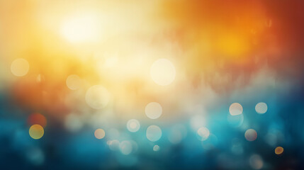Poster - Vibrant abstract bokeh background with warm orange and cool blue gradient. Soft glowing circular light spots creating a dreamy and ethereal atmosphere with smooth texture and blurred effect.