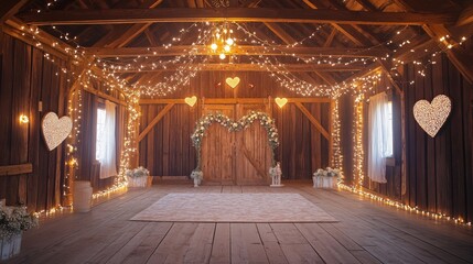 Aufkleber - Rustic Barn Interior Decorated with String Lights and Heart Accents for a Romantic Event