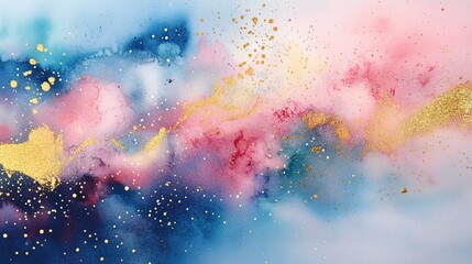 Poster - Abstract watercolor painting with gold glitter accents in blue pink and white tones