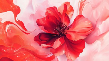 Aufkleber - Abstract red flower with flowing petals on a light pink background artistic floral design