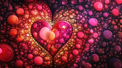 Poster - Abstract heart shape with red and pink bubbles on a dark background fractal illustration