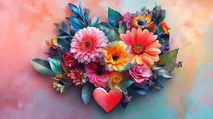Aufkleber - Floral arrangement with heart shape on textured background in soft pastel color palette