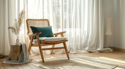 Aufkleber - Cozy interior featuring a wooden chair with a cushion beside a plant and soft curtains