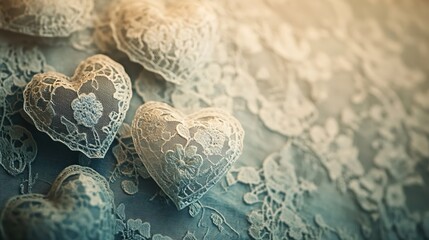 Poster - Delicate lace hearts on fabric creating a soft romantic scene with a vintage aesthetic