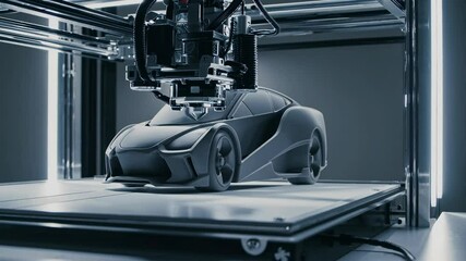 Poster - Innovative 3D printing technology creates detailed car models in a high-tech workshop at nighttime