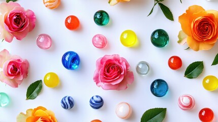 Aufkleber - Colorful glass marbles and rose flowers on white background flat lay arrangement bright and joyful