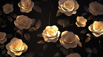 Poster - Elegant golden roses on dark background with delicate stems and leaves for luxury design