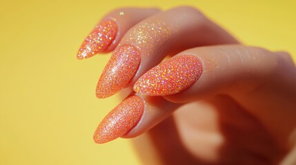 Poster - Glittery orange fingernails on yellow background in a close up shot with bright light