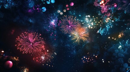 Poster - Festive night sky with colorful fireworks and glowing lights in a dark atmosphere