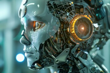Fototapete - Close up of a futuristic android robot showing artificial intelligence processing power