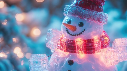 Wall Mural - A cheerful snowman adorned with a vibrant scarf and glowing lights in winter ambiance.