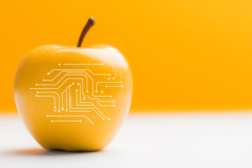 Poster - A single apple silhouette features intricate circuit patterns on its stem, symbolizing the blend of food and technology