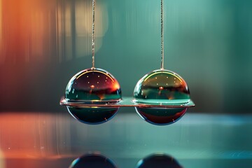Poster - Two reflective spheres hanging from strings are touching, showing the concept of balance