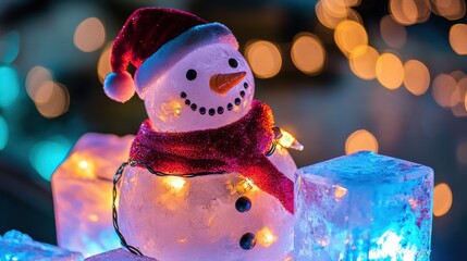 Wall Mural - A cheerful snowman decorated with lights, capturing the joy of festive winter celebrations.