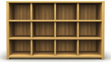 Poster - 3D Vector Illustration of an Empty Wooden Bookcase with Open Shelves and Natural Wood Texture Ideal for Interior Design and Home Decoration