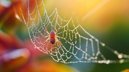 Spider web with morning dew drops. Perfect for nature macro photography, natural patterns and wildlife detail