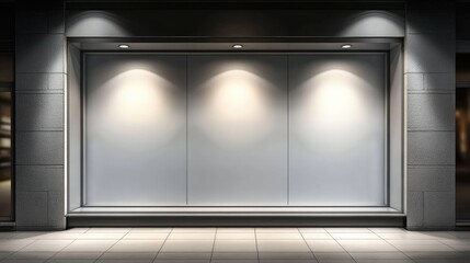 Poster - blank shop window display with bright lighting and clean white walls for promotional use in urban en